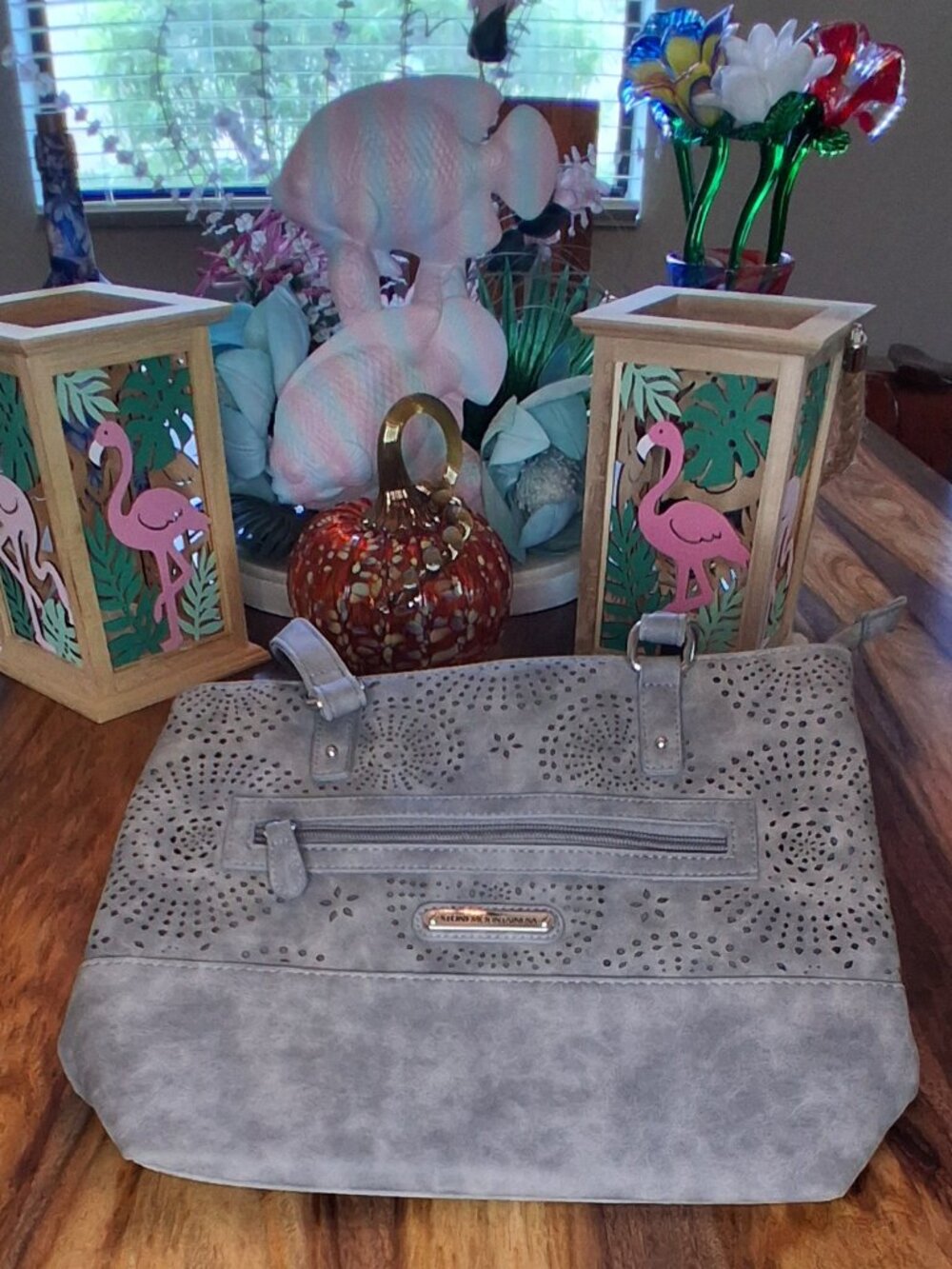 Stone Mountain USA Grey Suede Laser Cut Perforated Boho Chic Tote Shoulder Bag